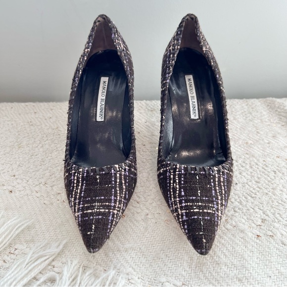 Manolo Blahnik Heels BB Tweed Brown Purple Pink Pointed Toe Dress Shoes 8.5 - Picture 2 of 7
